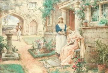 Landscapes Painting - The Courtship Alfred Glendening JR ladies garden scene